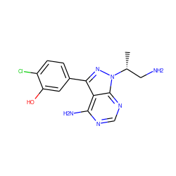 C[C@H](CN)n1nc(-c2ccc(Cl)c(O)c2)c2c(N)ncnc21 ZINC000008581932