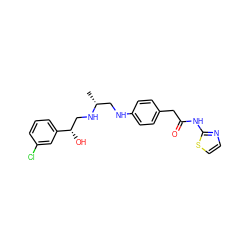 C[C@H](CNc1ccc(CC(=O)Nc2nccs2)cc1)NC[C@H](O)c1cccc(Cl)c1 ZINC000013472202