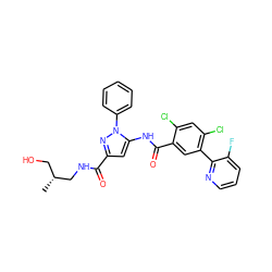 C[C@H](CO)CNC(=O)c1cc(NC(=O)c2cc(-c3ncccc3F)c(Cl)cc2Cl)n(-c2ccccc2)n1 ZINC001772621901