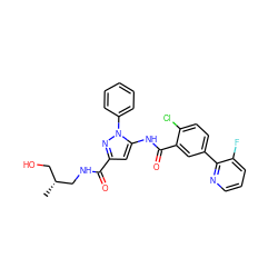 C[C@H](CO)CNC(=O)c1cc(NC(=O)c2cc(-c3ncccc3F)ccc2Cl)n(-c2ccccc2)n1 ZINC001772638941