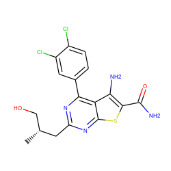 C[C@H](CO)Cc1nc(-c2ccc(Cl)c(Cl)c2)c2c(N)c(C(N)=O)sc2n1 ZINC000073223728