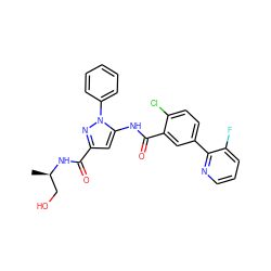 C[C@H](CO)NC(=O)c1cc(NC(=O)c2cc(-c3ncccc3F)ccc2Cl)n(-c2ccccc2)n1 ZINC001772626162