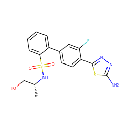 C[C@H](CO)NS(=O)(=O)c1ccccc1-c1ccc(-c2nnc(N)s2)c(F)c1 ZINC000224779115