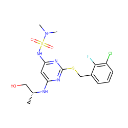 C[C@H](CO)Nc1cc(NS(=O)(=O)N(C)C)nc(SCc2cccc(Cl)c2F)n1 ZINC000113942380