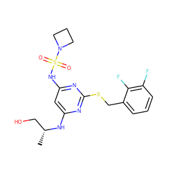 C[C@H](CO)Nc1cc(NS(=O)(=O)N2CCC2)nc(SCc2cccc(F)c2F)n1 ZINC000034072624