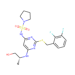 C[C@H](CO)Nc1cc(NS(=O)(=O)N2CCCC2)nc(SCc2cccc(F)c2F)n1 ZINC000113941792