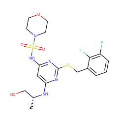 C[C@H](CO)Nc1cc(NS(=O)(=O)N2CCOCC2)nc(SCc2cccc(F)c2F)n1 ZINC000036413419