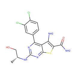 C[C@H](CO)Nc1nc(-c2ccc(Cl)c(Cl)c2)c2c(N)c(C(N)=O)sc2n1 ZINC000073220283