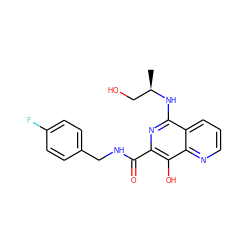 C[C@H](CO)Nc1nc(C(=O)NCc2ccc(F)cc2)c(O)c2ncccc12 ZINC000095576954