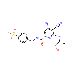 C[C@H](CO)Nc1nc(C(=O)NCc2ccc(S(C)(=O)=O)cc2)cc(N)c1C#N ZINC000038151252