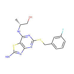 C[C@H](CO)Nc1nc(SCc2cccc(F)c2)nc2nc(N)sc12 ZINC000028820825