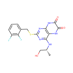 C[C@H](CO)Nc1nc(SCc2cccc(F)c2F)nc2[nH]c(=O)c(=O)[nH]c12 ZINC000003952028