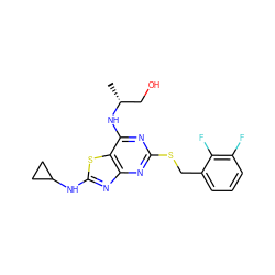 C[C@H](CO)Nc1nc(SCc2cccc(F)c2F)nc2nc(NC3CC3)sc12 ZINC000028820760