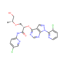 C[C@H](CO)OC[C@H](Oc1ncnc2c1cnn2-c1ncccc1Cl)C(=O)Nc1ccc(Cl)cn1 ZINC000114685214