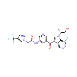 C[C@H](CO)n1cc(C(=O)c2cncc(NC(=O)Cn3cc(C(F)(F)F)cn3)c2)c2cncc(F)c21 ZINC001772607230