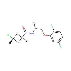 C[C@H](COc1cc(F)ccc1F)NC(=O)[C@]1(C)C[C@@](C)(Cl)C1 ZINC000144005847