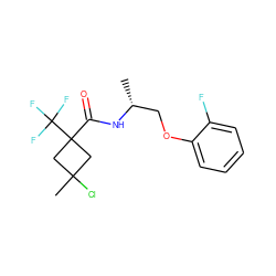 C[C@H](COc1ccccc1F)NC(=O)C1(C(F)(F)F)CC(C)(Cl)C1 ZINC000026568179