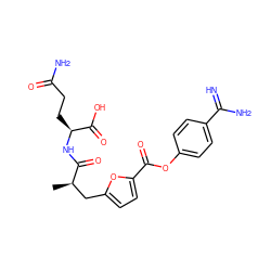 C[C@H](Cc1ccc(C(=O)Oc2ccc(C(=N)N)cc2)o1)C(=O)N[C@@H](CCC(N)=O)C(=O)O ZINC000145939912