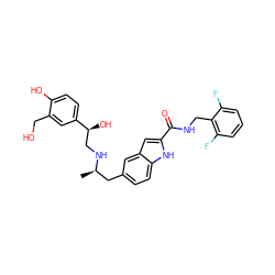 C[C@H](Cc1ccc2[nH]c(C(=O)NCc3c(F)cccc3F)cc2c1)NC[C@H](O)c1ccc(O)c(CO)c1 ZINC000028825107