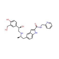 C[C@H](Cc1ccc2[nH]c(C(=O)NCc3ccccn3)cc2c1)NC[C@H](O)c1ccc(O)c(CO)c1 ZINC000028825109