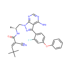 C[C@H](Cn1nc(-c2ccc(Oc3ccccc3)cc2F)c2c(N)ncnc21)NC(=O)/C(C#N)=C/C(C)(C)C ZINC000149465488