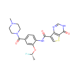 C[C@H](F)Oc1cc(C(=O)N2CCN(C)CC2)ccc1NC(=O)c1csc2c(=O)[nH]cnc12 ZINC000653859587