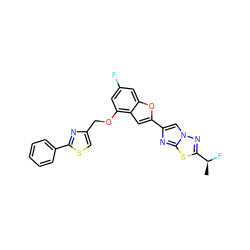 C[C@H](F)c1nn2cc(-c3cc4c(OCc5csc(-c6ccccc6)n5)cc(F)cc4o3)nc2s1 ZINC000143129050