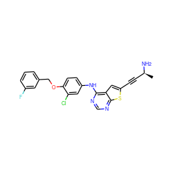 C[C@H](N)C#Cc1cc2c(Nc3ccc(OCc4cccc(F)c4)c(Cl)c3)ncnc2s1 ZINC000059114931