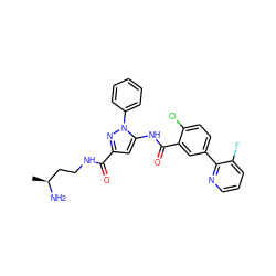 C[C@H](N)CCNC(=O)c1cc(NC(=O)c2cc(-c3ncccc3F)ccc2Cl)n(-c2ccccc2)n1 ZINC001772605320