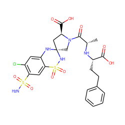 C[C@H](N[C@@H](CCc1ccccc1)C(=O)O)C(=O)N1C[C@@]2(C[C@H]1C(=O)O)Nc1cc(Cl)c(S(N)(=O)=O)cc1S(=O)(=O)N2 ZINC000029388427