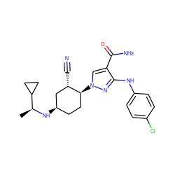 C[C@H](N[C@@H]1CC[C@H](n2cc(C(N)=O)c(Nc3ccc(Cl)cc3)n2)[C@@H](C#N)C1)C1CC1 ZINC000222974534