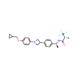 C[C@H](NC(=O)[C@@H](C)C(F)(F)F)c1ccc(C2CN(c3ccc(OCC4CC4)cc3)C2)cc1 ZINC000149935447