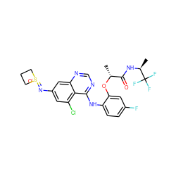 C[C@H](NC(=O)[C@@H](C)Oc1cc(F)ccc1Nc1ncnc2cc(N=S3(=O)CCC3)cc(Cl)c12)C(F)(F)F ZINC001772624116