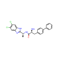 C[C@H](NC(=O)[C@@H](N)Cc1ccc(-c2ccccc2)cc1)c1nc2cc(Cl)c(Cl)cc2[nH]1 ZINC000073197506