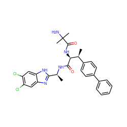 C[C@H](NC(=O)[C@@H](NC(=O)C(C)(C)N)[C@@H](C)c1ccc(-c2ccccc2)cc1)c1nc2cc(Cl)c(Cl)cc2[nH]1 ZINC000073197147