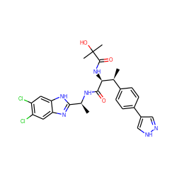 C[C@H](NC(=O)[C@@H](NC(=O)C(C)(C)O)[C@@H](C)c1ccc(-c2cn[nH]c2)cc1)c1nc2cc(Cl)c(Cl)cc2[nH]1 ZINC000073388651