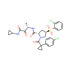 C[C@H](NC(=O)[C@@H]1C[C@@H](S(=O)(=O)c2ccccc2Cl)CN1C(=O)C1(c2ccc(Cl)cc2)CC1)C(=O)C(=O)NC1CC1 ZINC000148708877