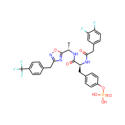 C[C@H](NC(=O)[C@H](Cc1ccc(OP(=O)(O)O)cc1)NC(=O)Cc1ccc(F)c(F)c1)c1nc(Cc2ccc(C(F)(F)F)cc2)no1 ZINC000027412550