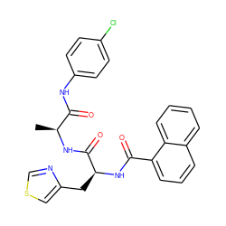 C[C@H](NC(=O)[C@H](Cc1cscn1)NC(=O)c1cccc2ccccc12)C(=O)Nc1ccc(Cl)cc1 ZINC000029229276