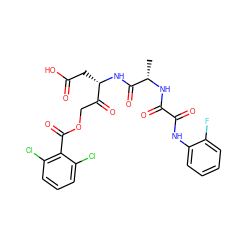 C[C@H](NC(=O)C(=O)Nc1ccccc1F)C(=O)N[C@@H](CC(=O)O)C(=O)COC(=O)c1c(Cl)cccc1Cl ZINC001772620610