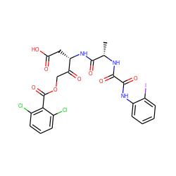 C[C@H](NC(=O)C(=O)Nc1ccccc1I)C(=O)N[C@@H](CC(=O)O)C(=O)COC(=O)c1c(Cl)cccc1Cl ZINC001772649904