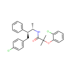 C[C@H](NC(=O)C(C)(C)Oc1ccccc1Cl)[C@@H](Cc1ccc(Cl)cc1)c1ccccc1 ZINC000035079275