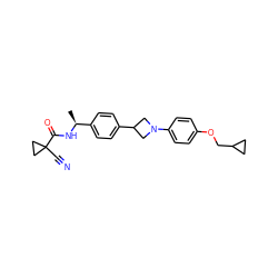 C[C@H](NC(=O)C1(C#N)CC1)c1ccc(C2CN(c3ccc(OCC4CC4)cc3)C2)cc1 ZINC000149957148