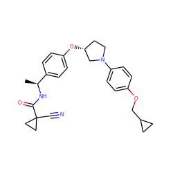 C[C@H](NC(=O)C1(C#N)CC1)c1ccc(O[C@@H]2CCN(c3ccc(OCC4CC4)cc3)C2)cc1 ZINC001772632350