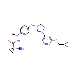 C[C@H](NC(=O)C1(C#N)CC1)c1ccc(O[C@@H]2CCN(c3ccnc(OCC4CC4)c3)C2)cc1 ZINC000169709520