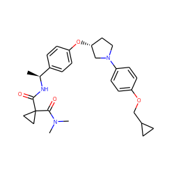 C[C@H](NC(=O)C1(C(=O)N(C)C)CC1)c1ccc(O[C@@H]2CCN(c3ccc(OCC4CC4)cc3)C2)cc1 ZINC001772655807