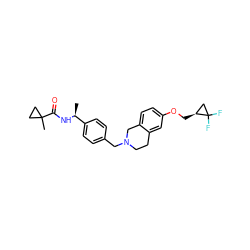 C[C@H](NC(=O)C1(C)CC1)c1ccc(CN2CCc3cc(OC[C@H]4CC4(F)F)ccc3C2)cc1 ZINC001772573503