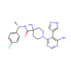 C[C@H](NC(=O)C1(N)CCN(c2ncnc(N)c2-c2cn[nH]c2)CC1)c1ccc(Cl)cc1 ZINC001772646359