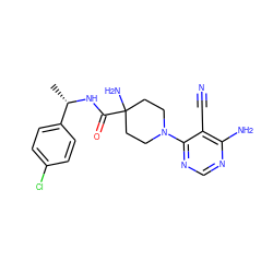 C[C@H](NC(=O)C1(N)CCN(c2ncnc(N)c2C#N)CC1)c1ccc(Cl)cc1 ZINC001772641538