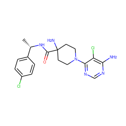 C[C@H](NC(=O)C1(N)CCN(c2ncnc(N)c2Cl)CC1)c1ccc(Cl)cc1 ZINC000219306188